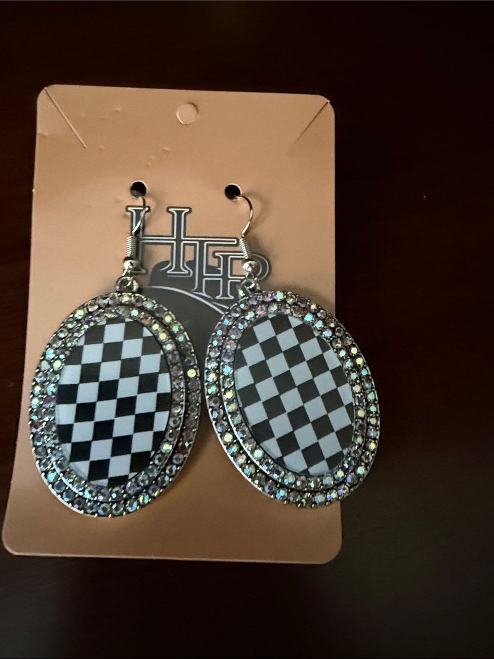 Checkered Oval Rhinestone Drop Earrings NWOT